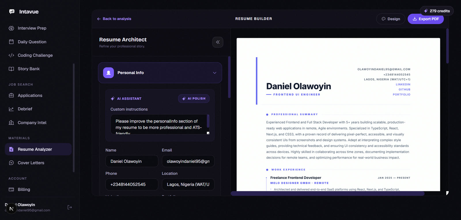 Intavue resume builder with a live preview and AI assistant
